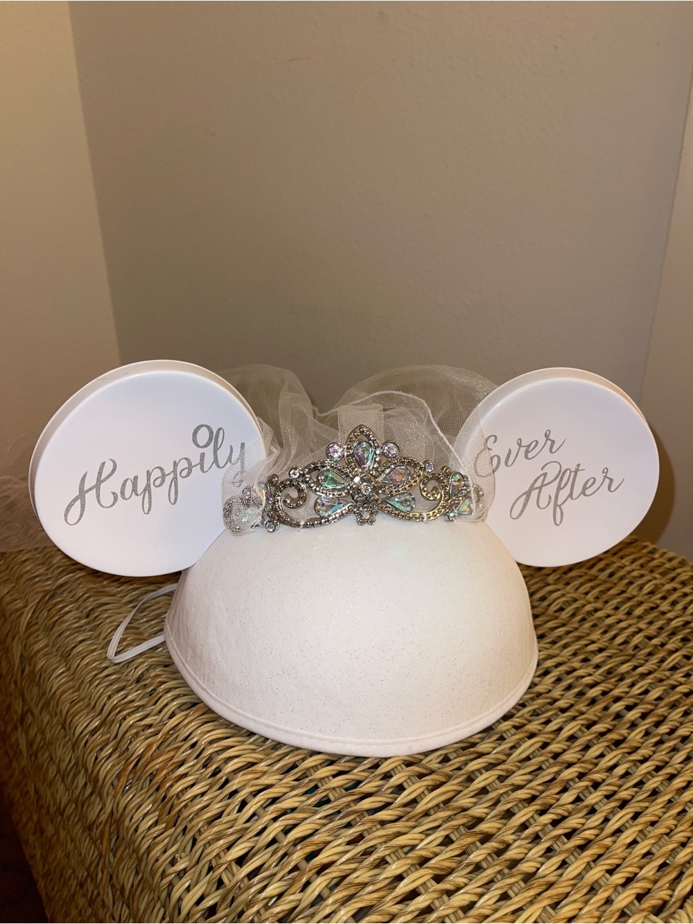 Disney White Bridal Minnie Ear Headband with Jeweled Tiara - Picture 2 of 3